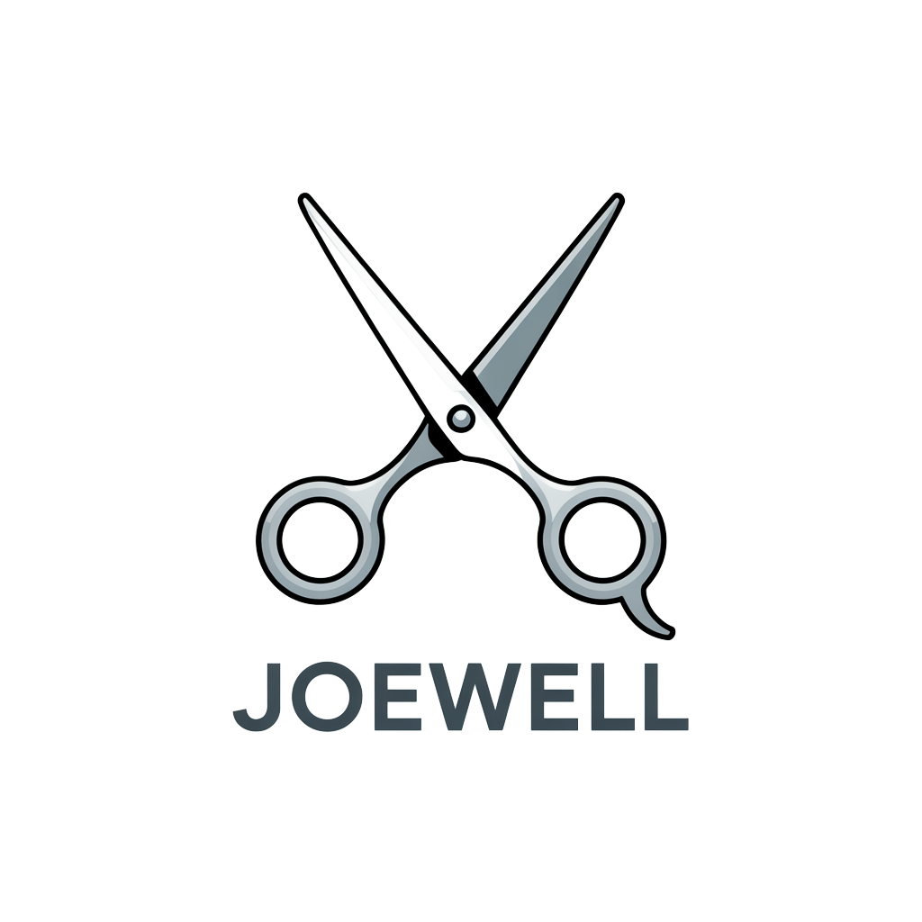 Joewell brand logo featuring minimalist line drawing of professional hair cutting scissors with company name in gray text below